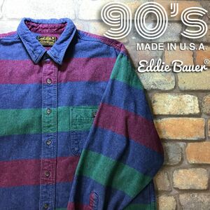 ★90’s 黒タグ USA製★正規品★【Eddie Bauer エディーバウアー】3色太ボーダー シャモアクロスシャツ[海外 L]紺×エンジ×緑 レア K3-146