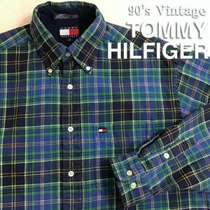 ★アメリカ直輸入!!★90's vintage★[TOMMY HILFIGER トミーヒルフィガー]チェック柄 長袖 ボタンダウンシャツ[メンズ S]緑 青 K2-600