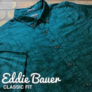 ★USA直輸入★良品★正規品★【Eddie Bauer エディーバウアー】エスニック柄 半袖 BD シャツ[海外メンズ L]エメラルドグリーン 総柄 K2-988