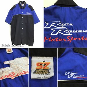 ★USA直輸入!!★企業物★[Rick Roush Motorsports バイク販売業]バイカラー 両面刺繍 半袖 スタッフシャツ[メンズ M]黒×青 制服 K2-439