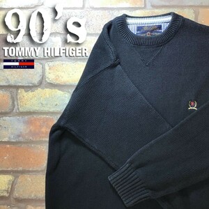 ★90’s★正規品★【TOMMY HILFIGER トミーヒルフィガー】旧タグ Vガゼット 刺繍エンブレムロゴ 黒無地 コットンセーター[海外 S] K3-165