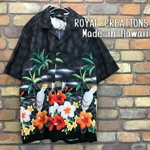 ★状態良好!!★ハワイ製★【ROYAL CREATIONS】南国ハイビスカス＆オウム柄 半袖 アロハシャツ[海外メンズ L]黒 リゾート 派手シャツ K2-991