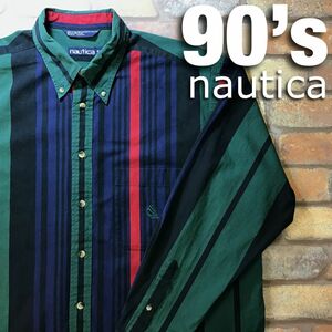 ★レア★BIGサイズ★90’s vintage★【nautica ノーティカ】刺繍 旧ロゴ マルチストライプ BDシャツ[海外 XL]黒 緑 赤 紺 ゆるダボ K3-124