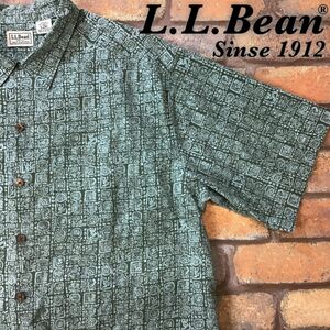 ★状態良好!!★USA直輸入★正規品★【L.L.Bean エルエルビーン】総柄 開襟 裾スリット半袖 シャツ[海外規格メンズ L]エメラルド 緑 K2-913