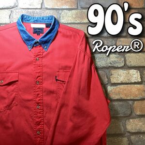 ★90’s vintage★USA古着★正規品★【Roper ローパー】襟だけデニム レトロ オールド 長袖 ワークシャツ【海外 XL】赤 インディゴ K4-021