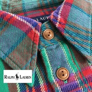 ★状態良好◎USA直輸入◎正規品◎[Ralph Lauren ラルフローレン]チェック柄 長袖 コットンシャツ[レディース S~M]緑 赤 高品質 K2-068