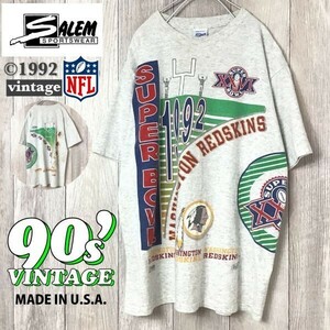 ★90's vintage★USA製★【SALEM】NFL公認 Washington Redskins フルプリント 半袖 Ｔシャツ[メンズ L]グレー アメフト Super Bowl K-804