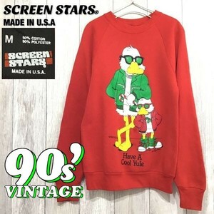 ★90's vintage★USA製★【SCREEN STARS】オールド ビンテージ 裏起毛 BIGプリント 長袖 スウェットシャツ[M]赤 クリスマス ダック K-289