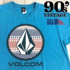 ★稀少★90’s USA製★【VOLCOM ボルコム】グラフィックBIGプリント 半袖 Ｔシャツ【メンズ M】ブルー Classic Stone オールドサーフ K-952