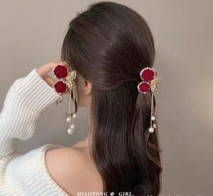 薔薇 赤 キラキラ ラインストーン ヘアピン ヘアアクセサリー 赤いバラ 花 ヘアクリップ 小さい バレッタ 韓国 ヘアアクセ 