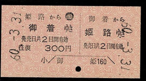 国鉄　山陽本線　御着から姫路ゆき　常備往復券　昭和60年