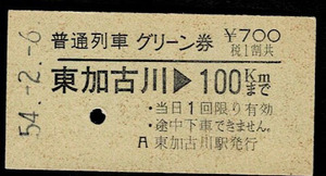 国鉄　山陽本線　普通列車用グリーン券　東加古川から100㎞　東加古川駅発行　昭和54年