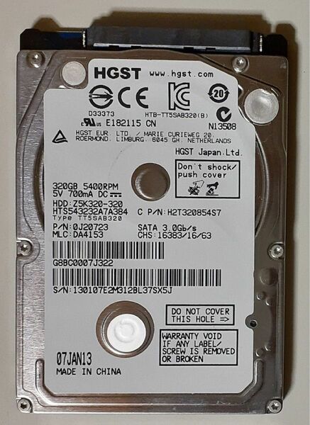 2.5インチ内蔵SATAハードディスク 320GB 7mm 5400rpm HGST HTS543232A7A384 