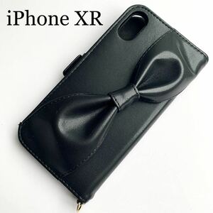 iPhone XR用レザーケース★ハンドホールドリボン付★サイドマグネット付★四隅エアクッション付★カード入付★ELECOM★ブラック