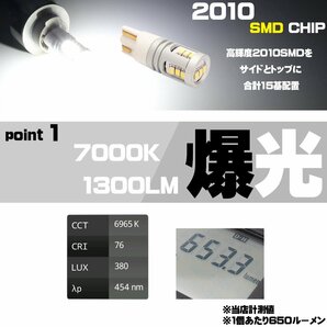 爆光 1300ルーメン 接続部 高級仕様 T10 LED ウェッジ バルブ 2個セット ホワイト 12V 24V 兼用 15SMD搭載 ポジション バック ランプ A-163の画像2