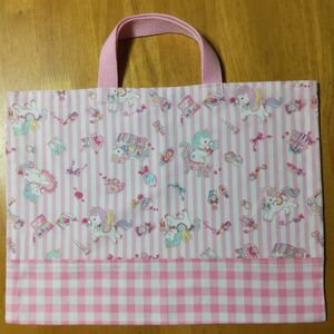 ユニコーン×ピンクチェック柄レッスンバッグ ハンドメイド