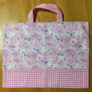 ユニコーン×ピンクチェック柄レッスンバッグ ハンドメイド