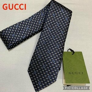 【美品】 ＧＵＣＣＩ ７２１２５２ ４Ｅ００２ 洋品 メンズ グッチ ネクタイ ネイビー 総柄 ブランド タグ・箱有 中古 洋品その/247