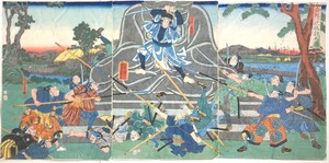 ◇歌川芳員『合邦ヶ辻仇討之図』浮世絵　大判錦絵三枚続　手摺木版画　武者絵　江戸　時代物　裏打無　国芳の門人　ukiyoe