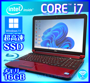 富士通 Core i7 ガーネットレッド 大容量メモリー 16GB 高速新品 SSD 512GB +HDD1000GB Windows11 Office2021 Webカメラ AH77/H