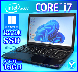 富士通 Core i7 4712MQ ブラック 大容量メモリー 16GB 高速新品 SSD 512GB +HDD1000GB Windows 11 Bluetooth Office2021 Webカメラ AH53/S