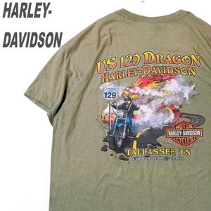 HARLEY-DAVIDSON ハーレーダビッドソン レア 00s Tシャツ 両面 ビッグプリント スカルロゴ メンズ レディース ユニセックス 古着 カーキ