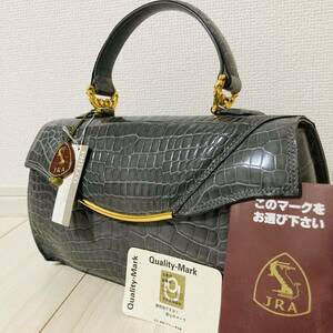 ★JRA認定★ クロコ クロコダイル ワニ 鰐革 ハンドバッグ シャイニング グレー 灰色 GRY GD金具 日本製 フォーマル シャイニー 