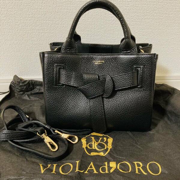 ★極美品★ VIOLAd'ORO ベルトリボントート 2way ショルダーバッグ ハンドバッグ シボ革 牛革ヴィオラドーロ BK ブラック 黒 日本製