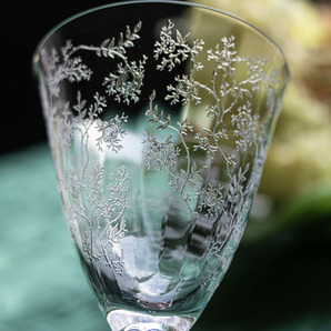 ラベル付き！ フォストリア クリスタル チンツ エッチング ゴブレット シャンパン ワイングラス 酒 アンティーク ビンテージの画像2