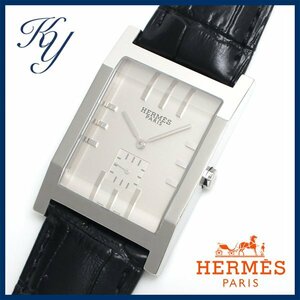 1円～ 3ヶ月保証付き 磨き済み 美品 本物 レア HERMES エルメス タンデム スモセコ TA1.810 ラージサイズ 革ベルト シルバー メンズ 時計