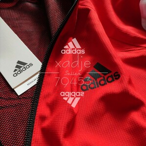 新品 正規品 adidas アディダス 上下セット ナイロン ジャージ セットアップ 赤 レッド 黒 ブラック 白 ロゴ プリント 薄手 Mの画像3