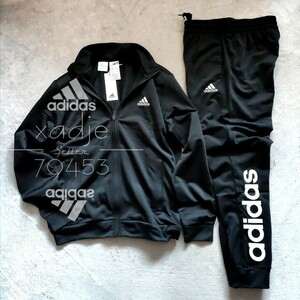  new goods regular goods adidas Adidas top and bottom set setup jersey jacket pants black black white Logo embroidery print XL