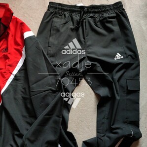 新品 正規品 adidas アディダス 上下セット ナイロン ジャージ セットアップ 赤 レッド 黒 ブラック 白 ロゴ プリント 薄手 Mの画像6