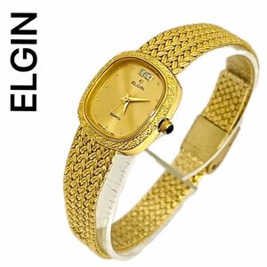 稼働　美品　ELGIN レディース腕時計　ビンテージ　2Pダイヤ　ゴールド　メッシュ　一体型　ブレスウォッチ　エルジン