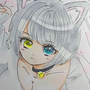 手描きイラスト Ｂ５ オリジナル『クールな猫耳少女と添い寝』少女 女の子 ロリータ ケモ耳 猫耳 オッドアイの画像1