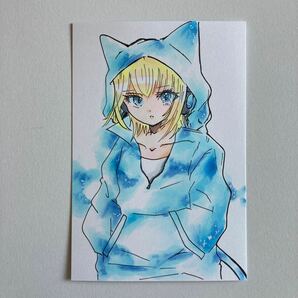 手描きイラスト ハガキサイズ オリジナル 『猫耳星空パーカー』女の子 少女☆の画像1