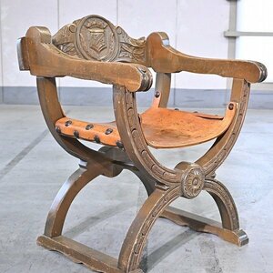 イタリア製 ビンテージ サヴォナローラチェア 本革 椅子 彫刻 腰掛け ビンテージ クラシック エレガント