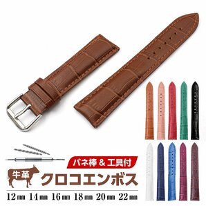 腕時計 ベルト クロコエンボス レッド 12mm 交換工具&バネ棒付 牛革 メンズ レディースの画像2