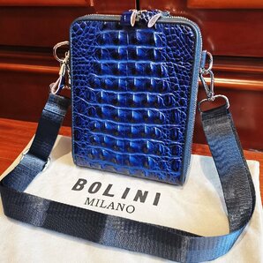 逸品*16万◆イタリア・ミラノ発*BOLINI/ボリニ・最上級牛革・クロコダイル*ショルダーバッグ/リュックサック・紺の画像9