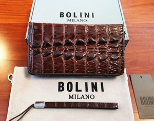 最高峰逸品*イタリア製※定価18万◆イタリア・ミラノ発*BOLINI/ボリニ・最上級牛革・クロコダイル*ラウンドファスナー 長財布・茶色