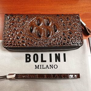 逸品*イタリア製※定価15万◆イタリア・ミラノ発*BOLINI/ボリニ・最上級牛革・クロコダイル*ラウンドファスナー 長財布・茶色の画像3