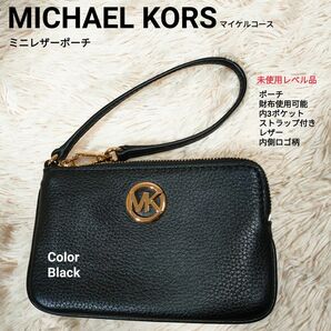 未使用レベル MICHAEL KORS マイケルコース ミニポーチ レザー　黒 ポーチ 小物入れ ブラック 定期　小銭入れ　カード