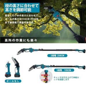 高枝切り電動チェーンソー 高枝切りバサミ 電動チェーンソー 250CM 21V 3000mAh バッテリー2個搭載 角度調節可能 伸縮延長 充電式 6インチ の画像4