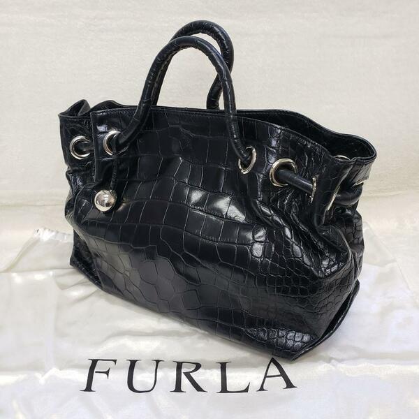 FURLA ハンドバッグ　レザー　クロコ型押し　チャーム　黒