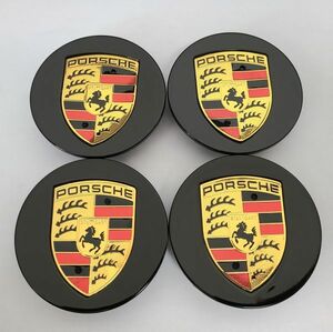 ポルシェ センターキャップ 76mm ブラック ゴールド 保護フィルム付き 4個セット 新品未使用 送料無料 Porsche　