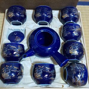 新品未使用品 九谷焼 茶器10点セット 急須 湯呑 来客用 大人数 昭和レトロ 瑠璃 煎茶道具 茶器セット