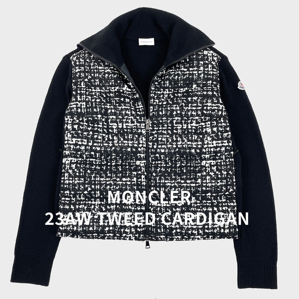 美品 MONCLER モンクレール 23AW PADDED WOOL & TWEED CARDIGAN ウール ツイード カーディガン S 黒 現行品 定価18万 レディース