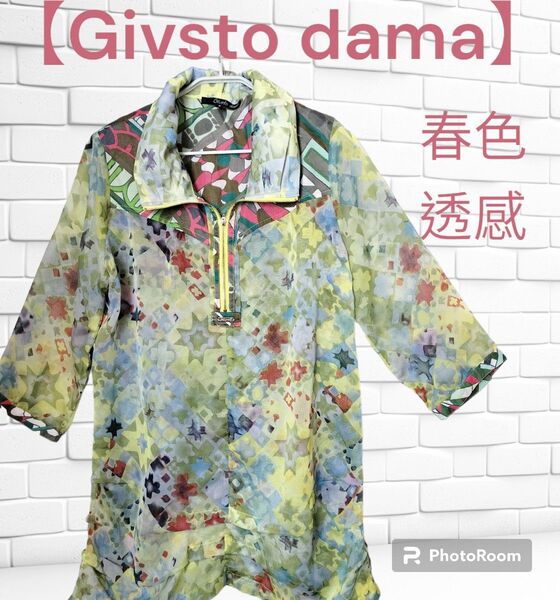 【Givsto dama】ジブストダマ 春色のチュニック 透け感 トップス ブラウス 洗濯可 プリント柄 古着 薄手