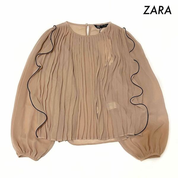 【送料無料】ZARA ザラ★プリーツ加工 サイドフリル 長袖ブラウス シフォン素材 ピンク