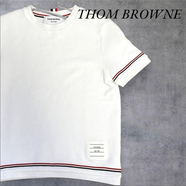 トムブラウン THOM BROWNE 半袖スウェットシャツ Tシャツ カットソー オットマン リブ ストライプ ヘム ホワイト